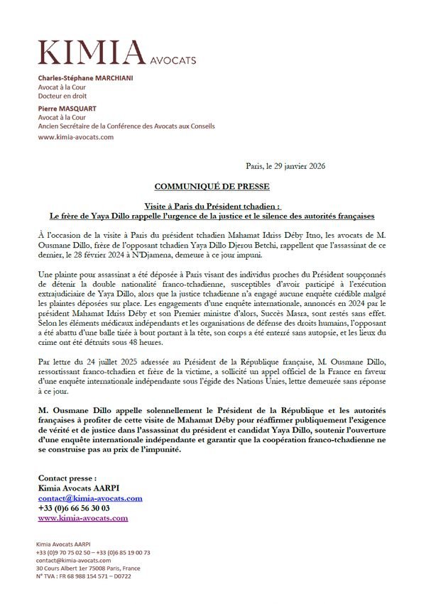 Première page du communiqué de presse Kimia Avocats du 29 janvier 2026