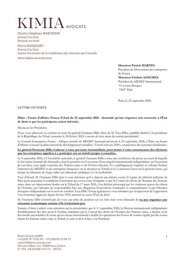Première page de la lettre ouverte de Kimia Avocats au MEDEF et à MEDEF International du 22 septembre 2026