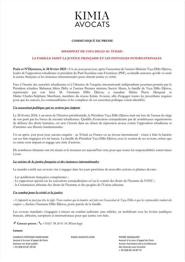 Première page du communiqué de presse Kimia Avocats du 28 février 2025