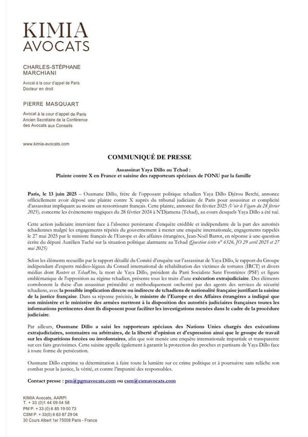Première page du communiqué de presse Kimia Avocats du 13 juin 2025