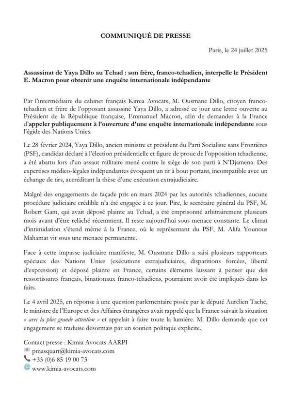 Première page du communiqué de presse Kimia Avocats du 24 juillet 2025