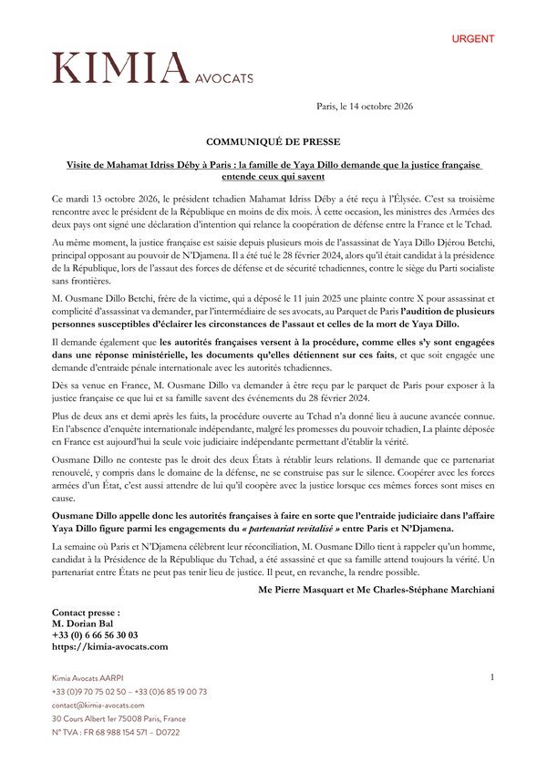Première page du communiqué de presse Kimia Avocats du 14 octobre 2026 : visite de Mahamat Idriss Déby à Paris, la famille de Yaya Dillo demande que la justice française entende ceux qui savent